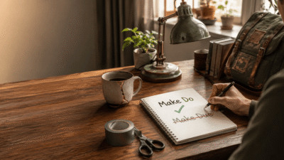 Notebook showing the correct phrase Make Do with Make Due crossed out on a home office desk.