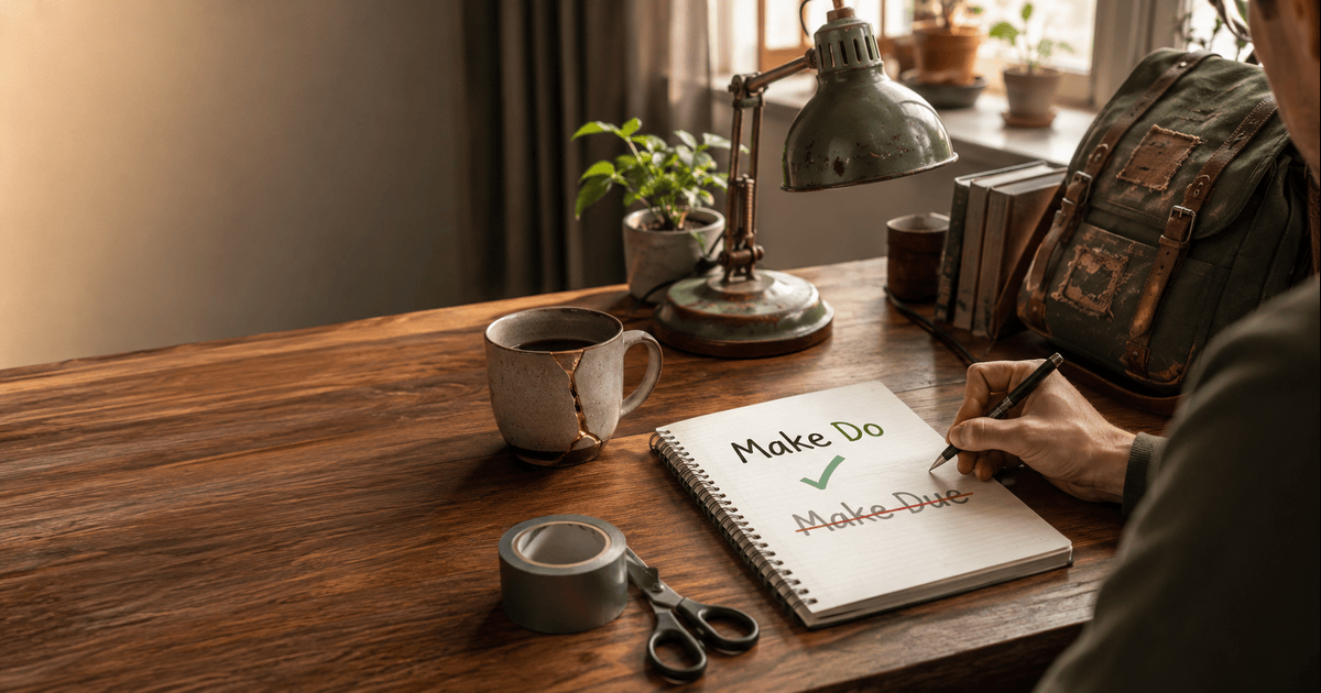 Notebook showing the correct phrase Make Do with Make Due crossed out on a home office desk.