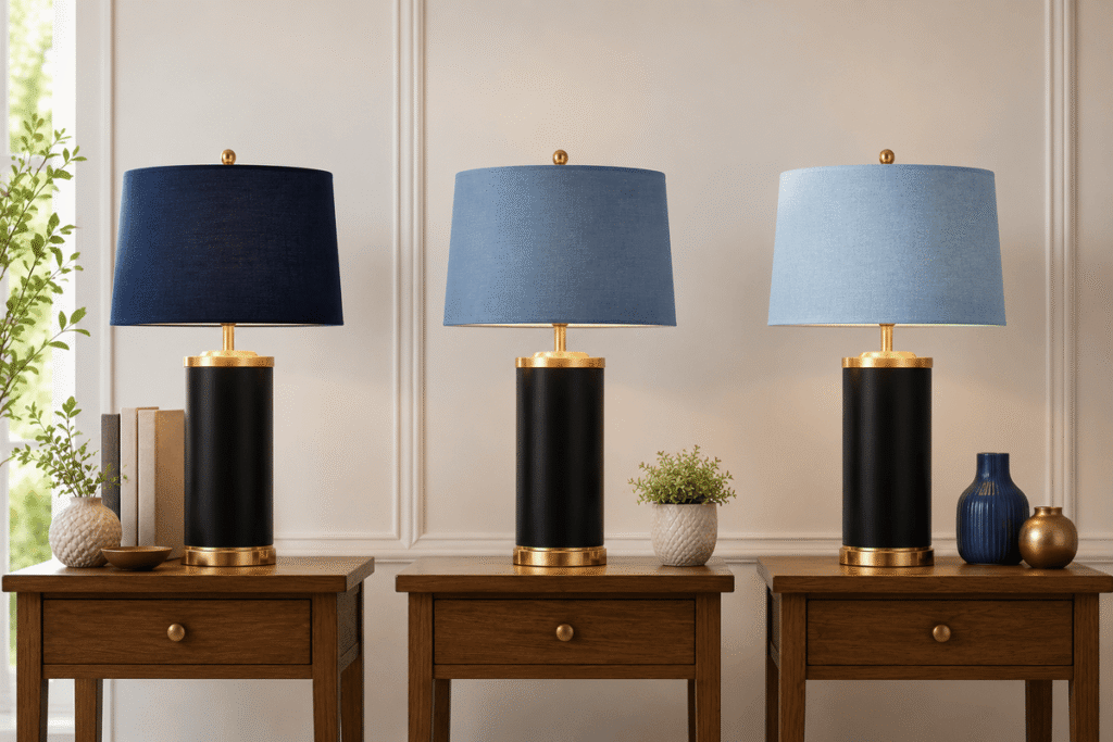 Black And Gold Table Lamps With Blue Lampshades