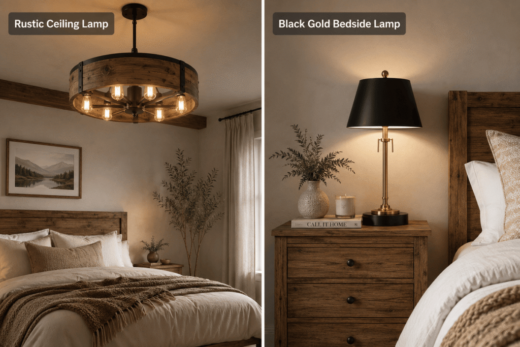 Rustic Ceiling Lamps And Black Gold Bedside Lamps
