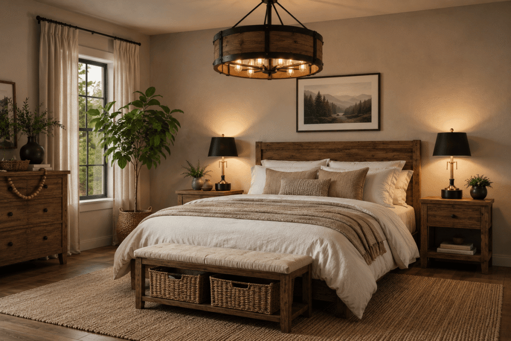 Rustic Ceiling Lamps And Black Gold Bedside Lamps