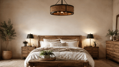 Rustic Ceiling Lamps And Black Gold Bedside Lamps