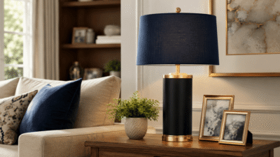 Black And Gold Table Lamps With Blue Lampshades