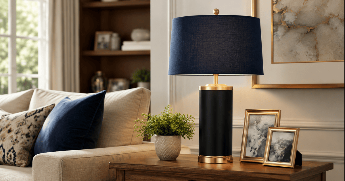 Black And Gold Table Lamps With Blue Lampshades