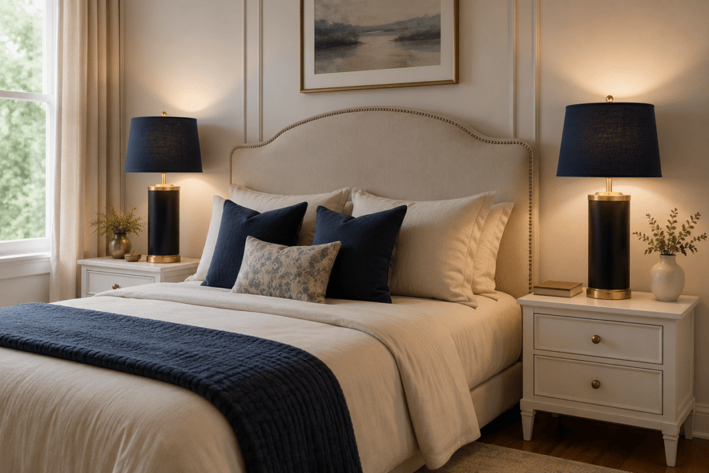 Black And Gold Table Lamps With Blue Lampshades