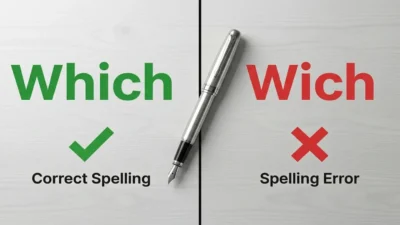 Educational split comparison graphic showing Which as the correct spelling and Wich as an incorrect spelling error.