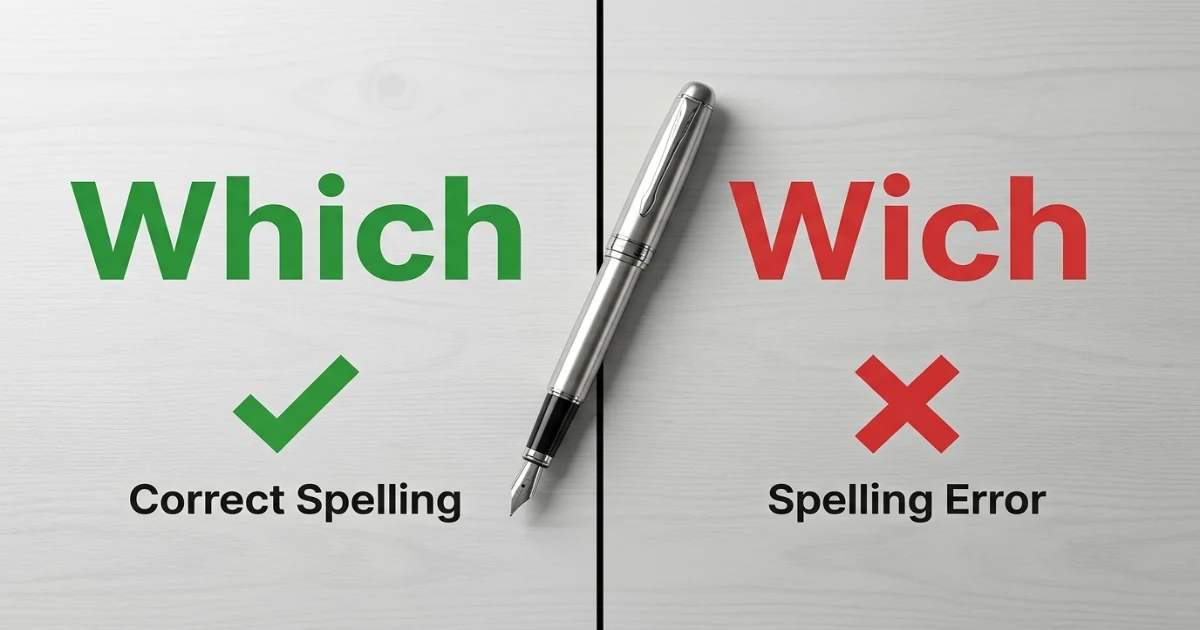 Educational split comparison graphic showing Which as the correct spelling and Wich as an incorrect spelling error.
